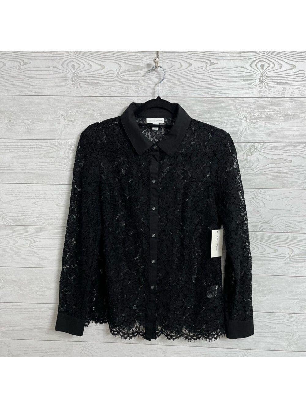 Charter Club Women’s Black Chic Lace Long Sleeve Button Down Shirt. Size. S
